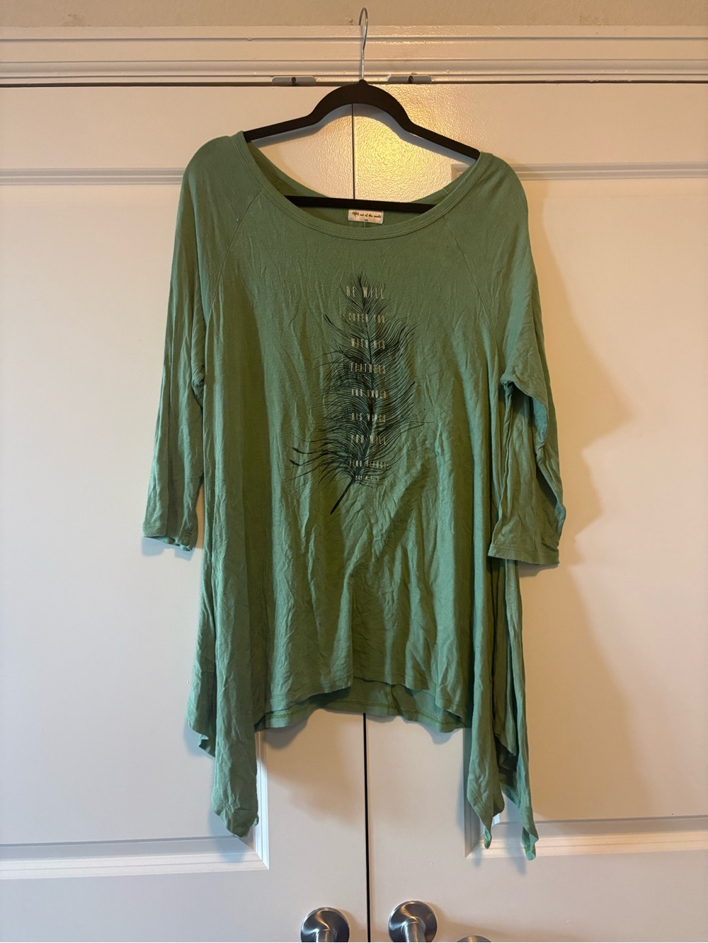 Boho Green Asymmetric Tunic Top with Feather Motif